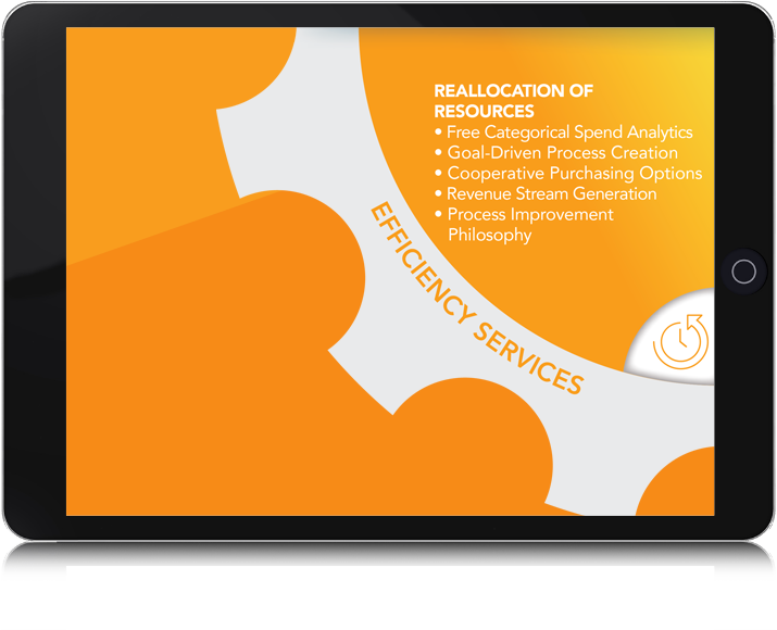 tablet: Efficiency Services. Reallocation of resources: free categorical spend analysis, goal-driven process creation, cooperative purchasing options, revenue stream generation, process improvement philosophy